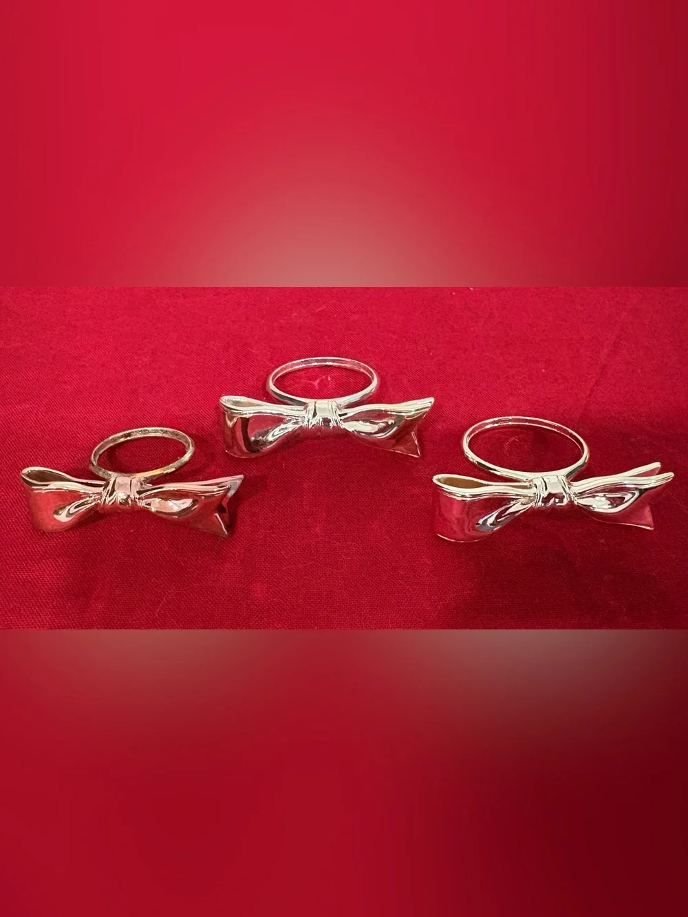3 pc Bow Metal Napkin Rings Glossy Silver & Pink Solid